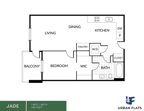 Floor plan for 1 bed, 1 bath, 596 sqft